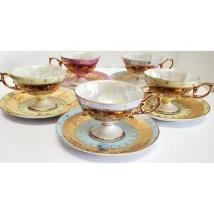 Royal Halsey Lipper & Mann Set (5) Teacups and Saucers Colorful Iridescent-Gold